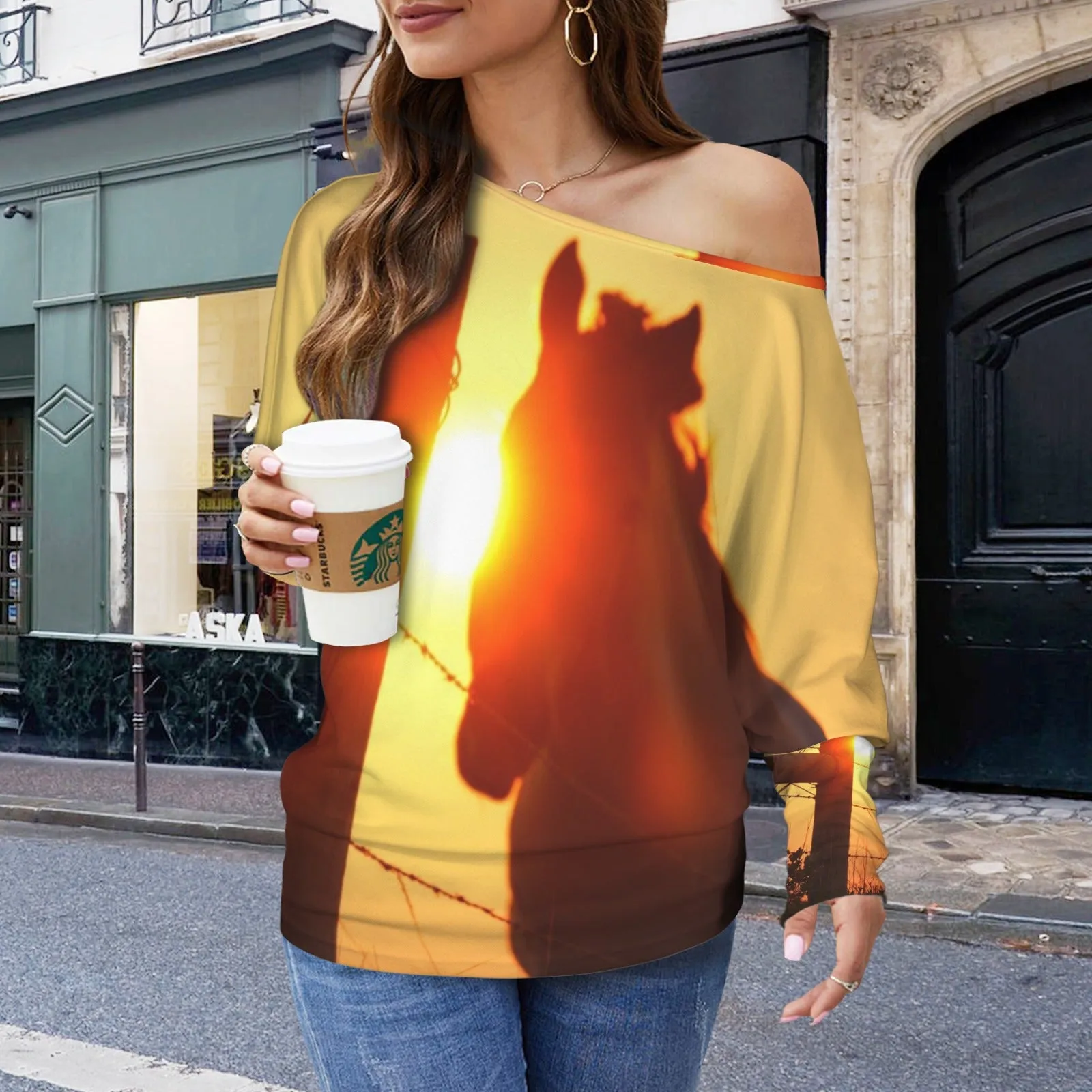 Batwing Long Sleeve Sweater Horse Sunset