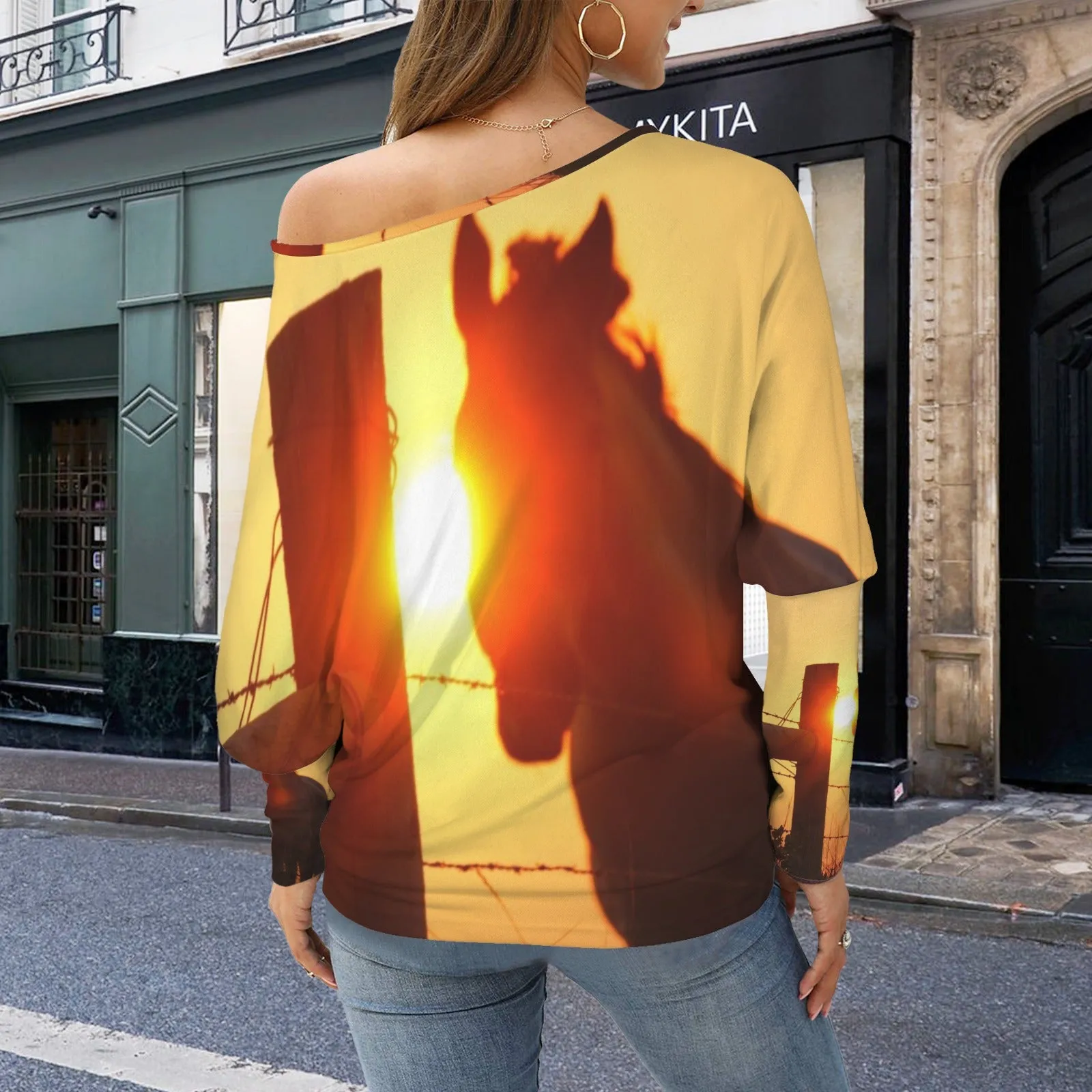 Batwing Long Sleeve Sweater Horse Sunset