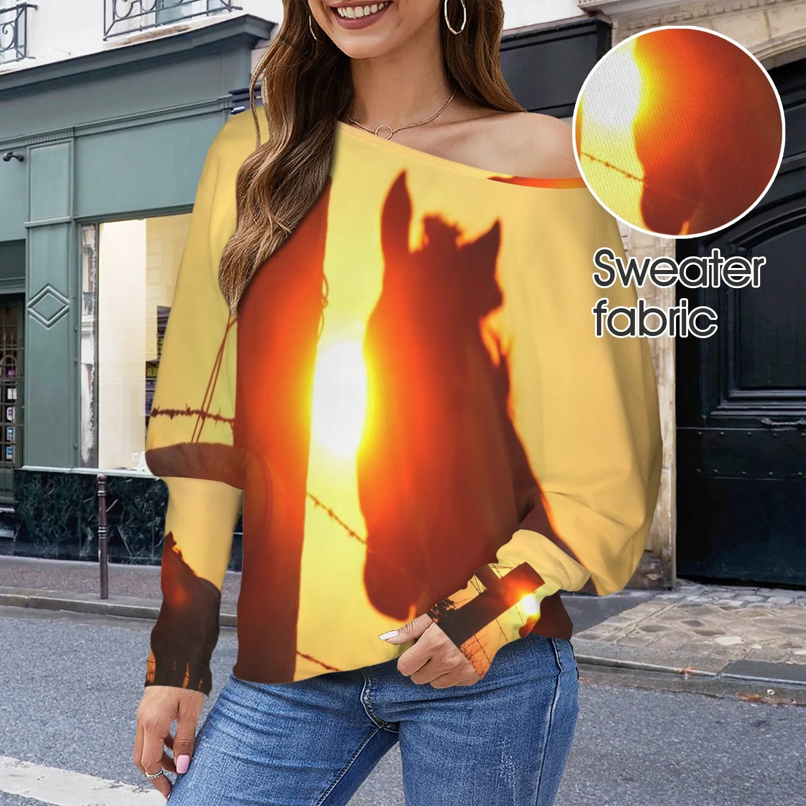 Batwing Long Sleeve Sweater Horse Sunset
