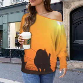 Batwing Long Sleeve Sweater Horses Fence Sunset
