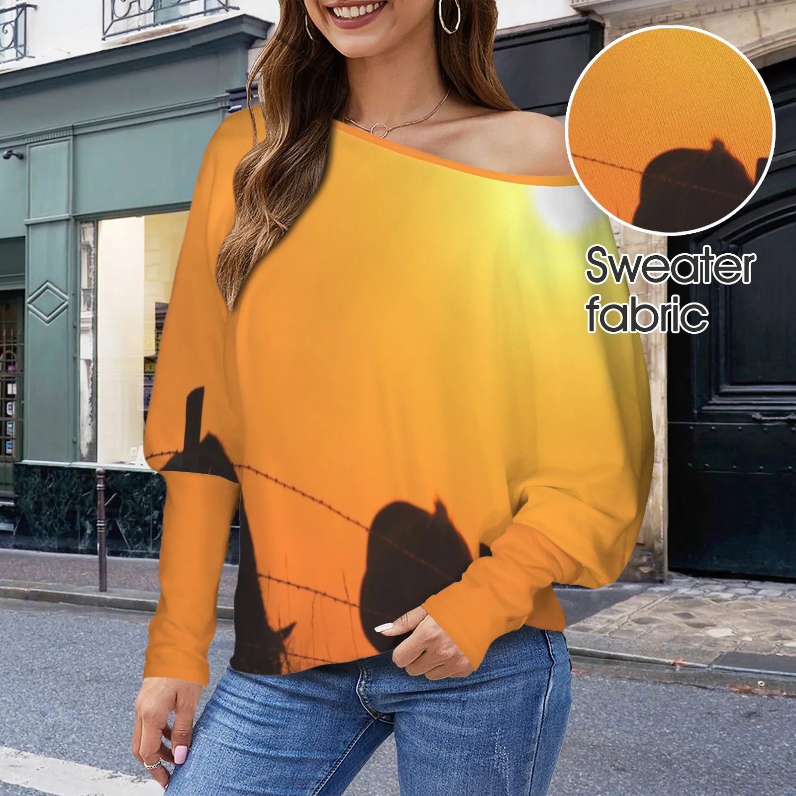 Batwing Long Sleeve Sweater Horses Fence Sunset
