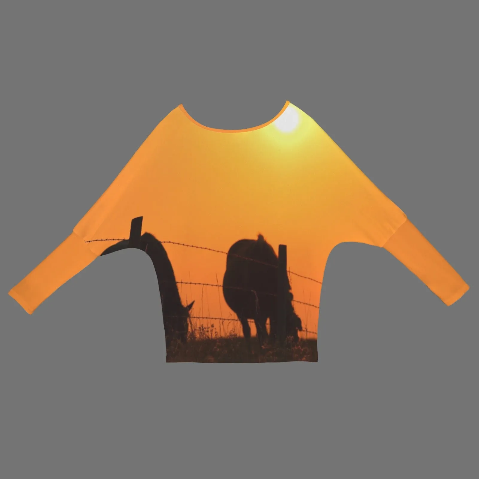 Batwing Long Sleeve Sweater Horses Fence Sunset