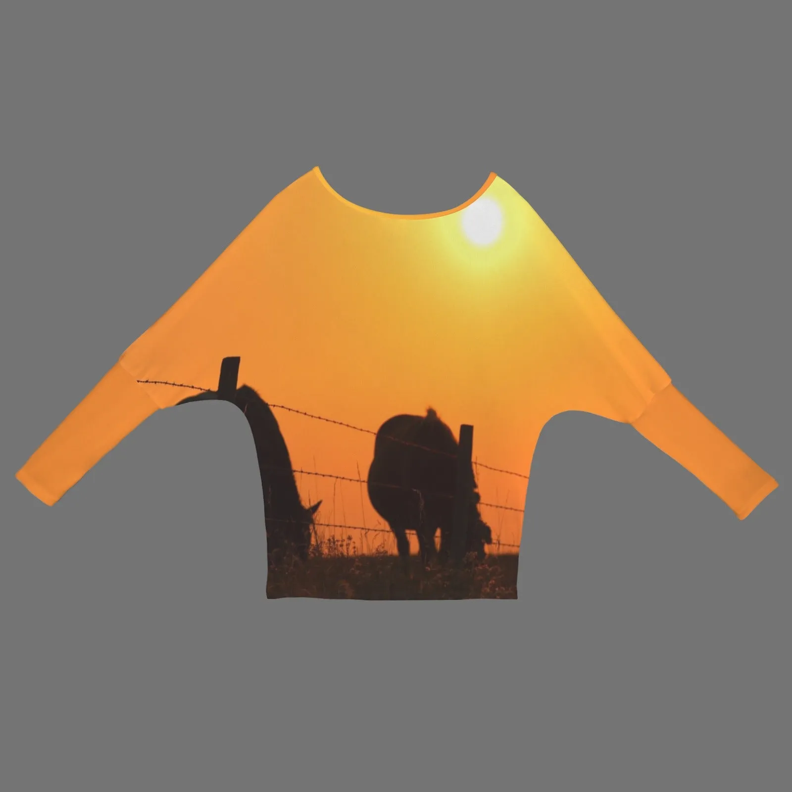 Batwing Long Sleeve Sweater Horses Fence Sunset