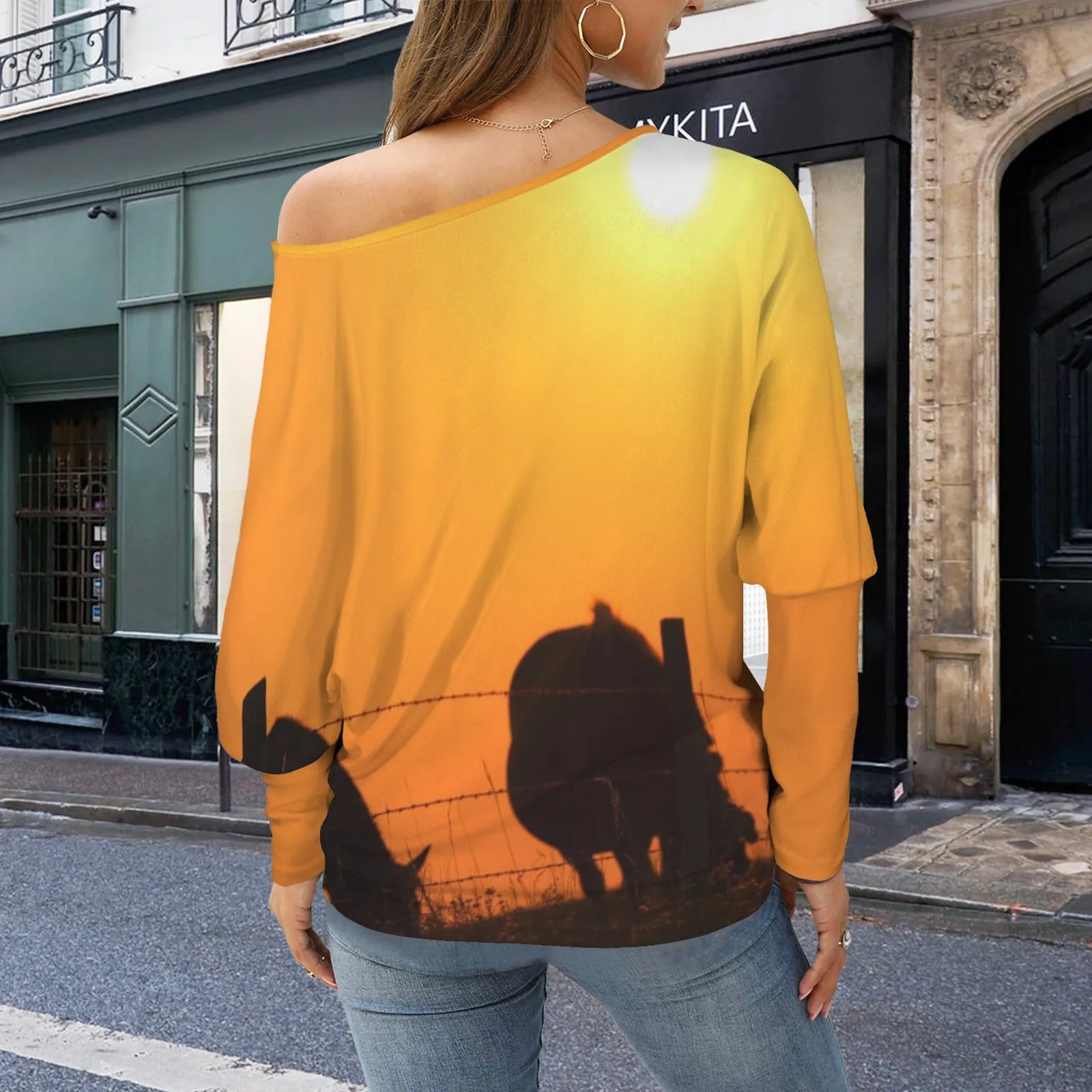 Batwing Long Sleeve Sweater Horses Fence Sunset