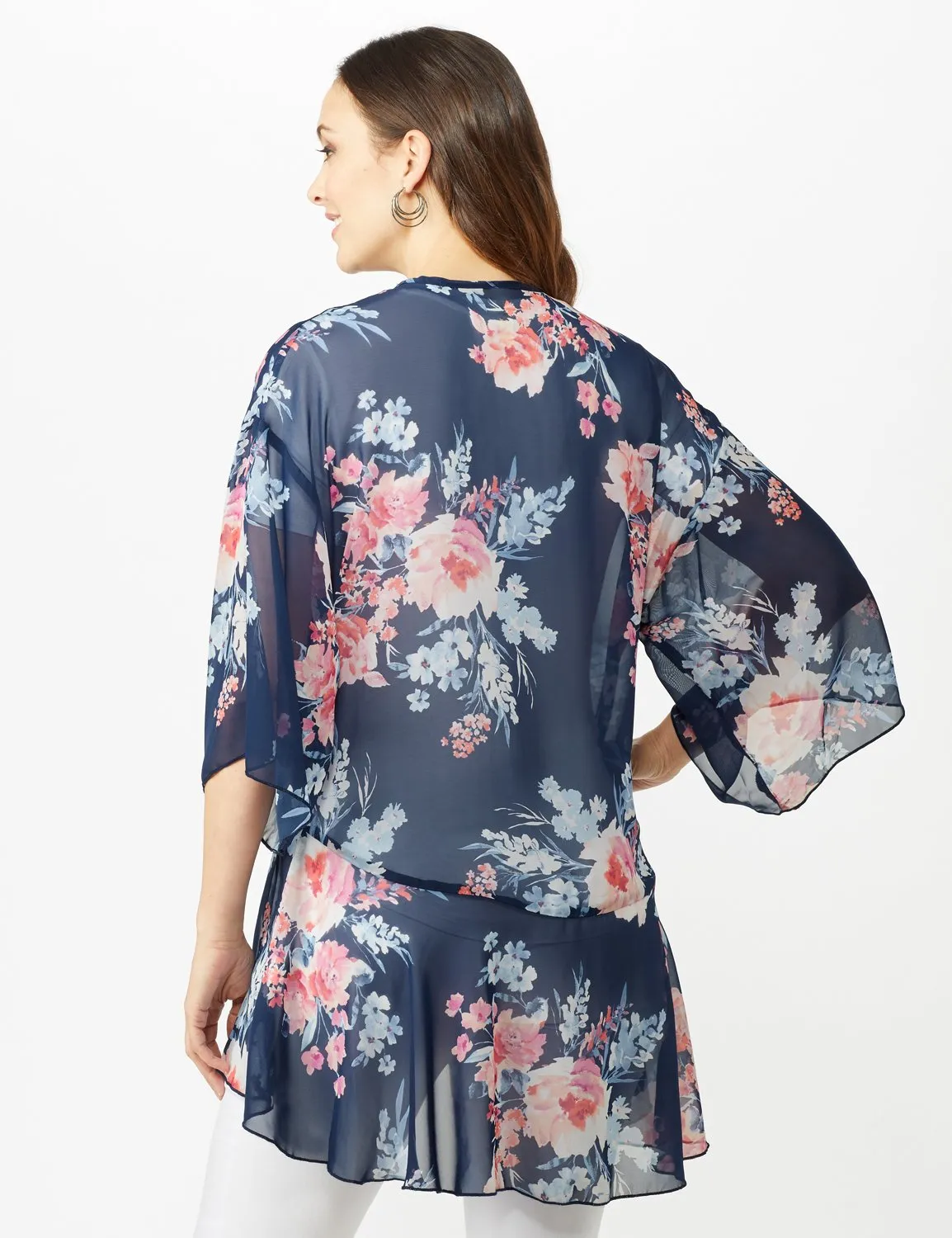 Floral Chiffon Flounce Hem Woven Kimona