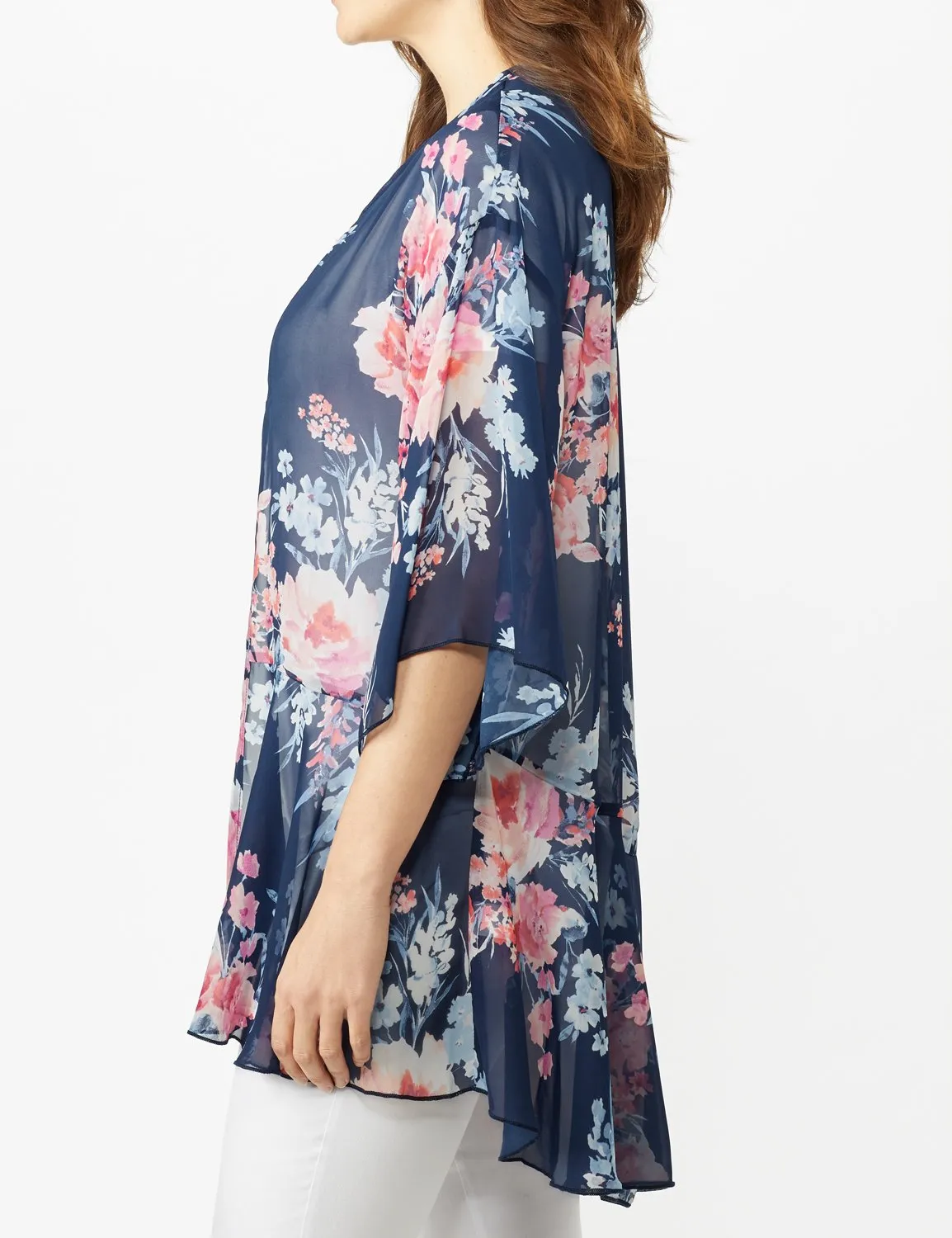 Floral Chiffon Flounce Hem Woven Kimona
