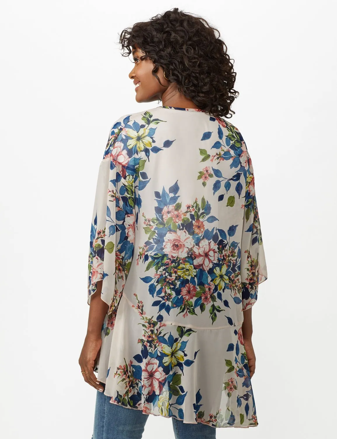 Floral Chiffon Flounce Hem Woven Kimona
