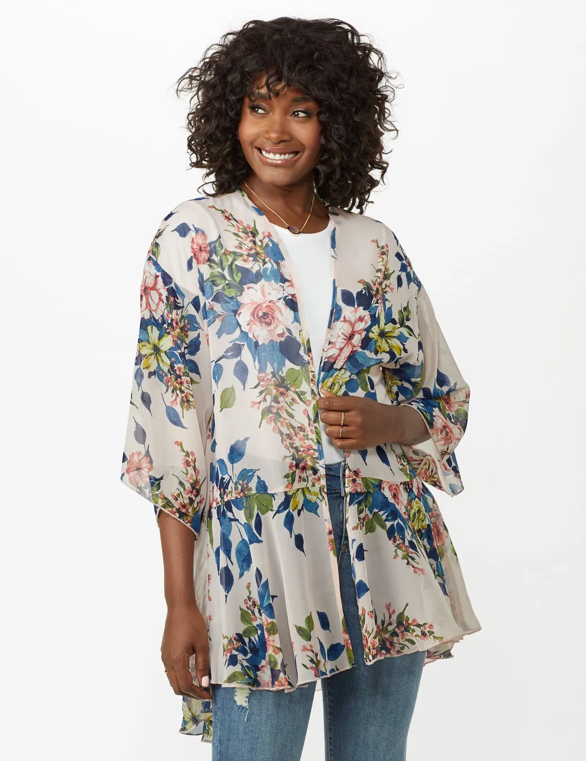 Floral Chiffon Flounce Hem Woven Kimona