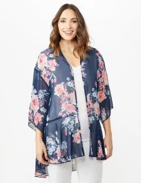 Floral Chiffon Flounce Hem Woven Kimona