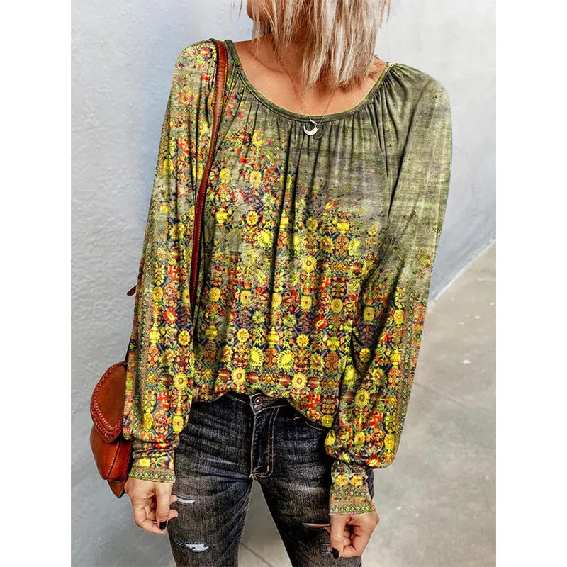 Floral long-sleeved round neck T-shirt bottoming shirt