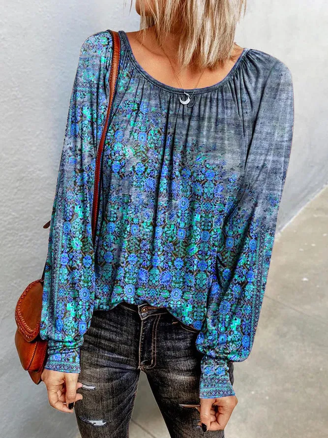 Floral long-sleeved round neck T-shirt bottoming shirt