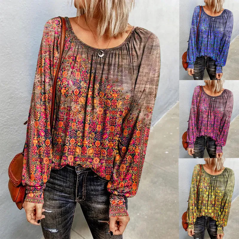 Floral long-sleeved round neck T-shirt bottoming shirt