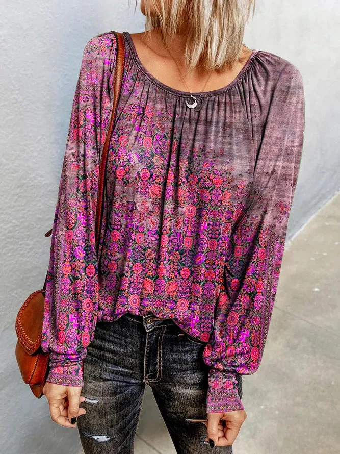 Floral long-sleeved round neck T-shirt bottoming shirt