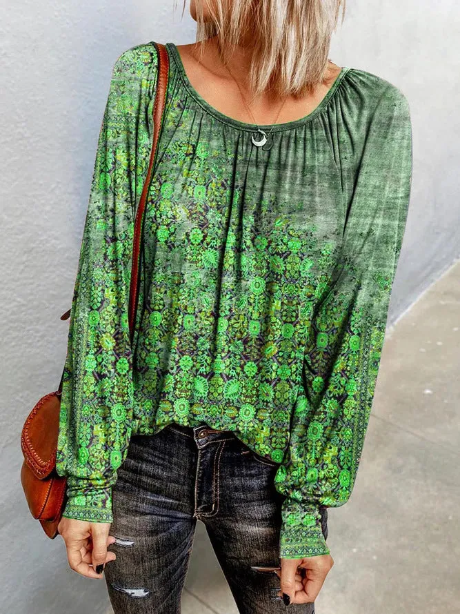 Floral long-sleeved round neck T-shirt bottoming shirt