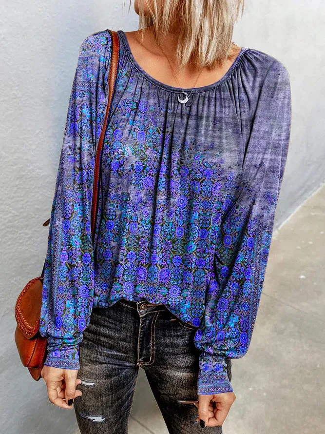 Floral long-sleeved round neck T-shirt bottoming shirt