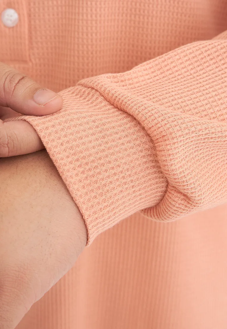 Haley Henley Waffle Cuff Sleeve Tee - Peach