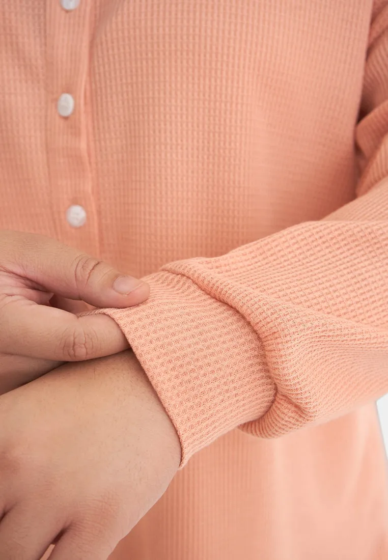 Haley Henley Waffle Cuff Sleeve Tee - Peach