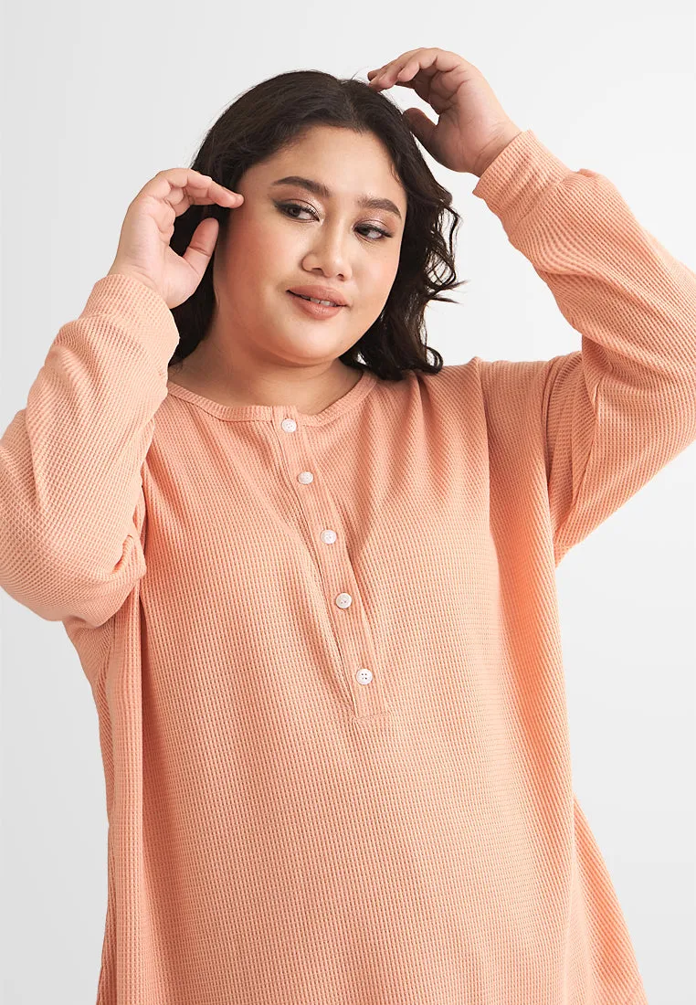 Haley Henley Waffle Cuff Sleeve Tee - Peach