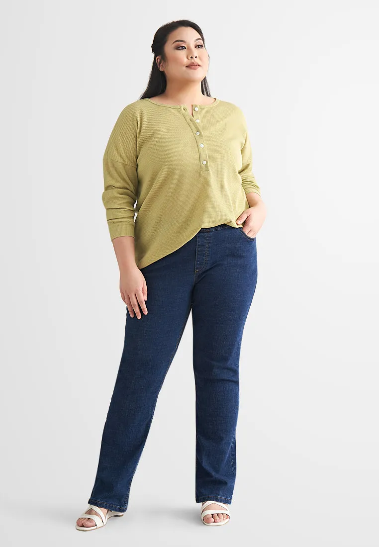 Haley Henley Waffle Cuff Sleeve Tee - Peach