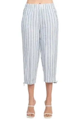 Land N Sea Pull-on Elastic Waist Tie Bottom Stripe Print Linen Pant with Pockets