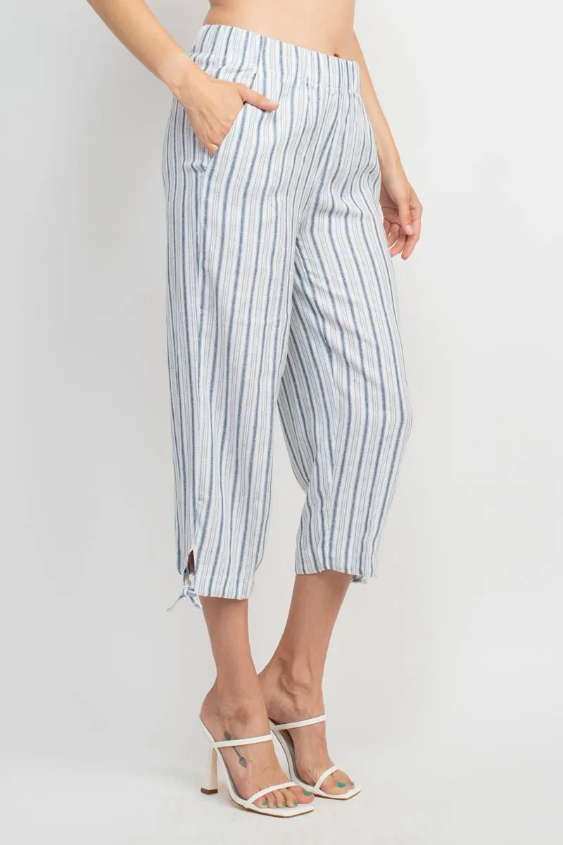 Land N Sea Pull-on Elastic Waist Tie Bottom Stripe Print Linen Pant with Pockets