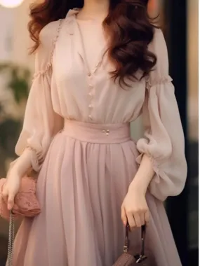 LANFUBEISI Fashion New Women Elegant Casual Skirts Suit Vintage Chiffon Solid Party Shirts Tops A-Line Saya Two Pieces Set Female Clothes