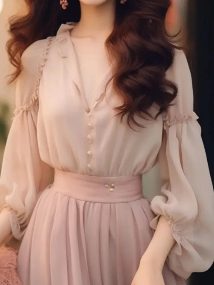 LANFUBEISI Fashion New Women Elegant Casual Skirts Suit Vintage Chiffon Solid Party Shirts Tops A-Line Saya Two Pieces Set Female Clothes