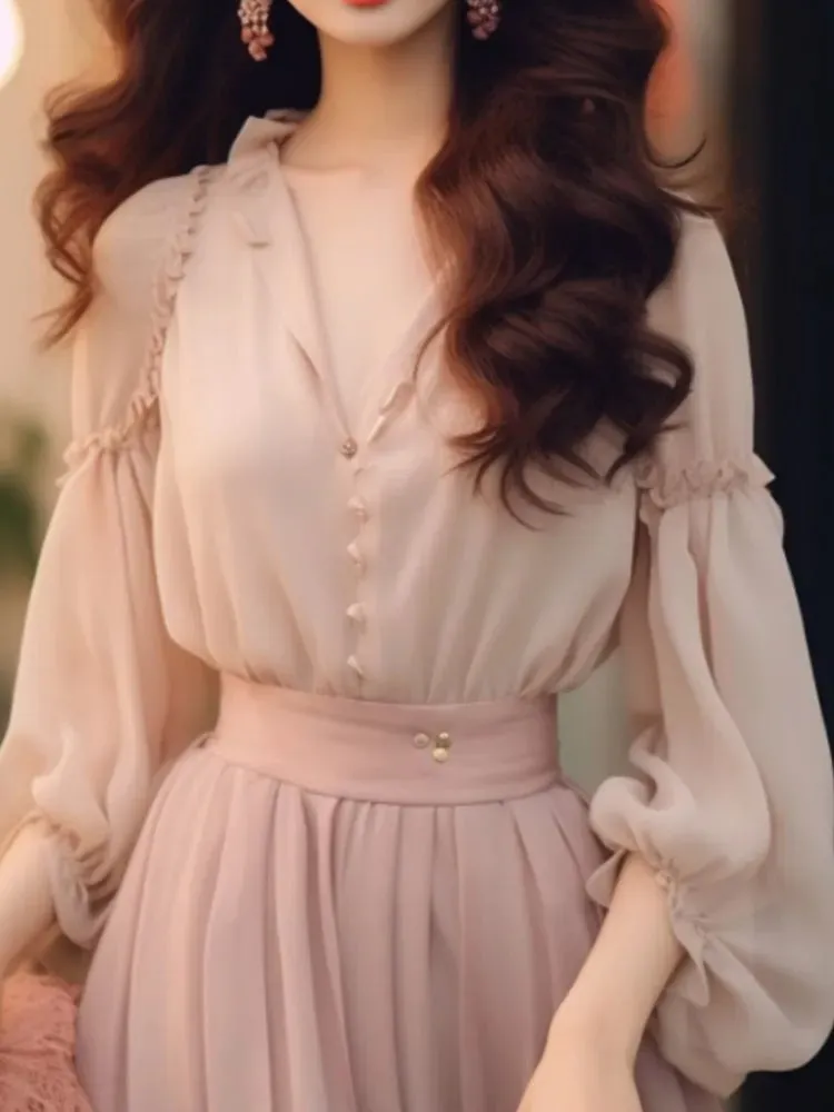 LANFUBEISI Fashion New Women Elegant Casual Skirts Suit Vintage Chiffon Solid Party Shirts Tops A-Line Saya Two Pieces Set Female Clothes