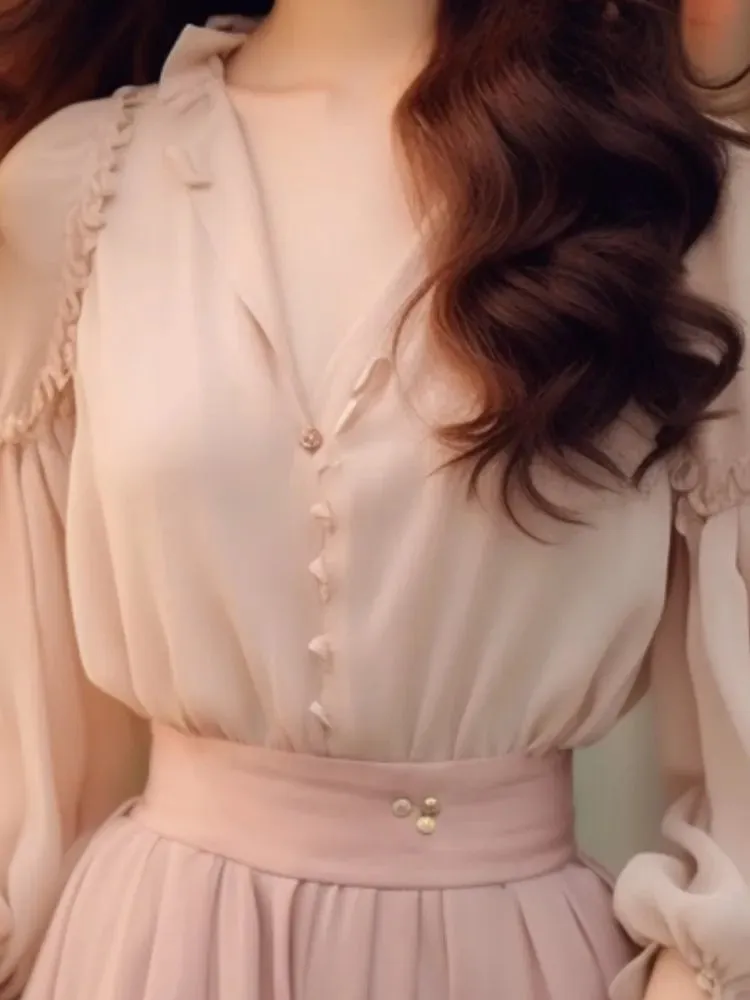 LANFUBEISI Fashion New Women Elegant Casual Skirts Suit Vintage Chiffon Solid Party Shirts Tops A-Line Saya Two Pieces Set Female Clothes