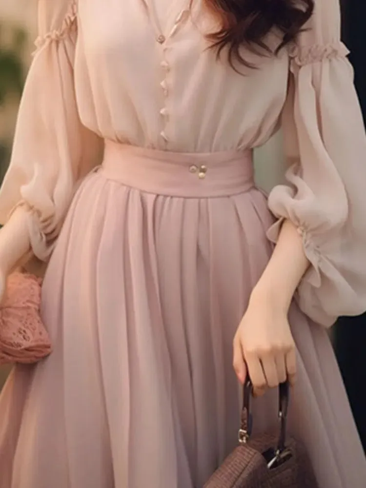 LANFUBEISI Fashion New Women Elegant Casual Skirts Suit Vintage Chiffon Solid Party Shirts Tops A-Line Saya Two Pieces Set Female Clothes