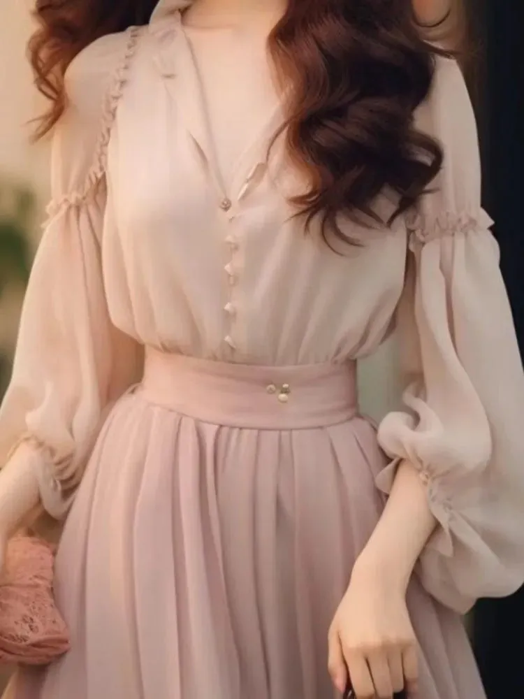 LANFUBEISI Fashion New Women Elegant Casual Skirts Suit Vintage Chiffon Solid Party Shirts Tops A-Line Saya Two Pieces Set Female Clothes