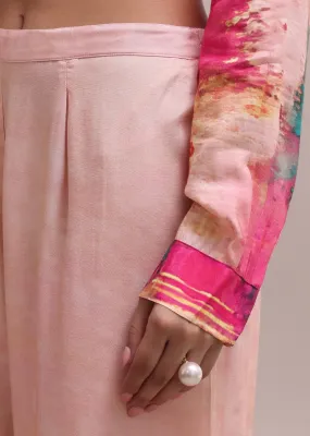 Pastel Pink Shell Worked Linen Summer Co-ord Set With Abstract Floral Prints