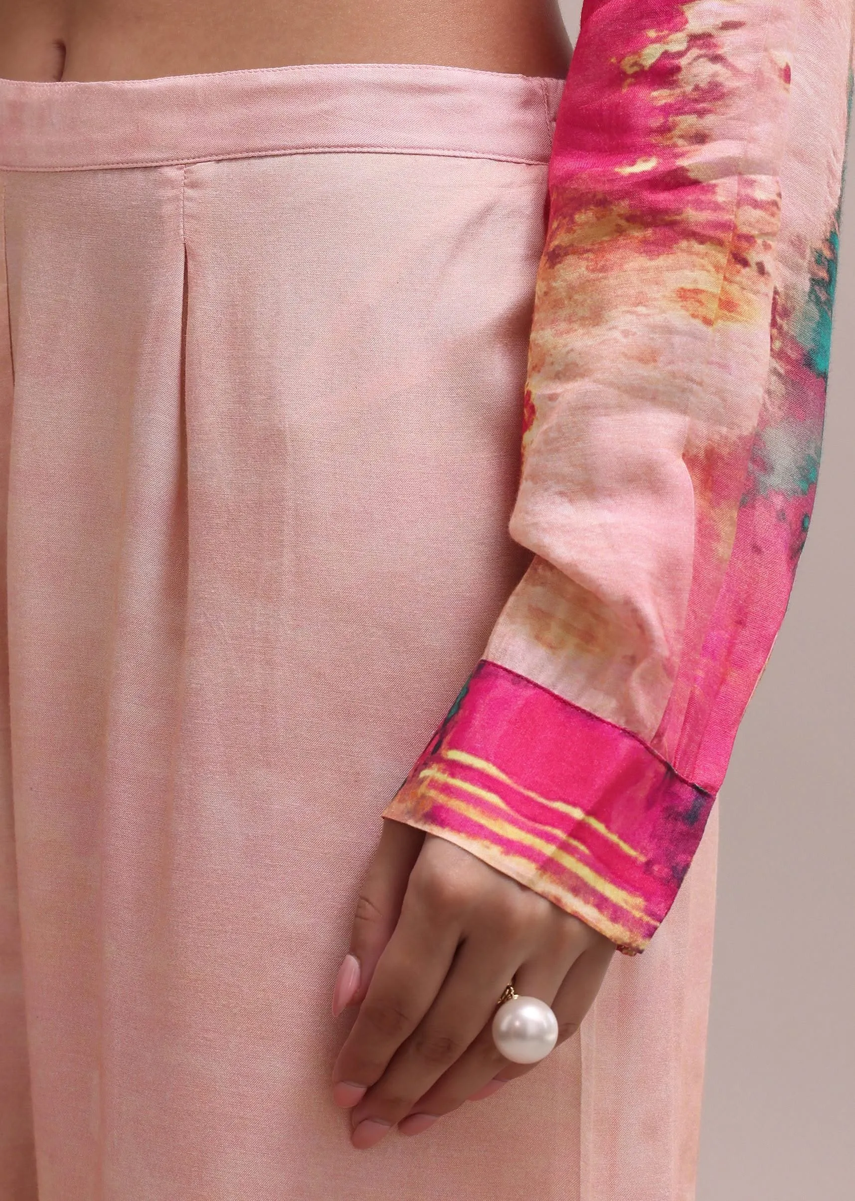 Pastel Pink Shell Worked Linen Summer Co-ord Set With Abstract Floral Prints