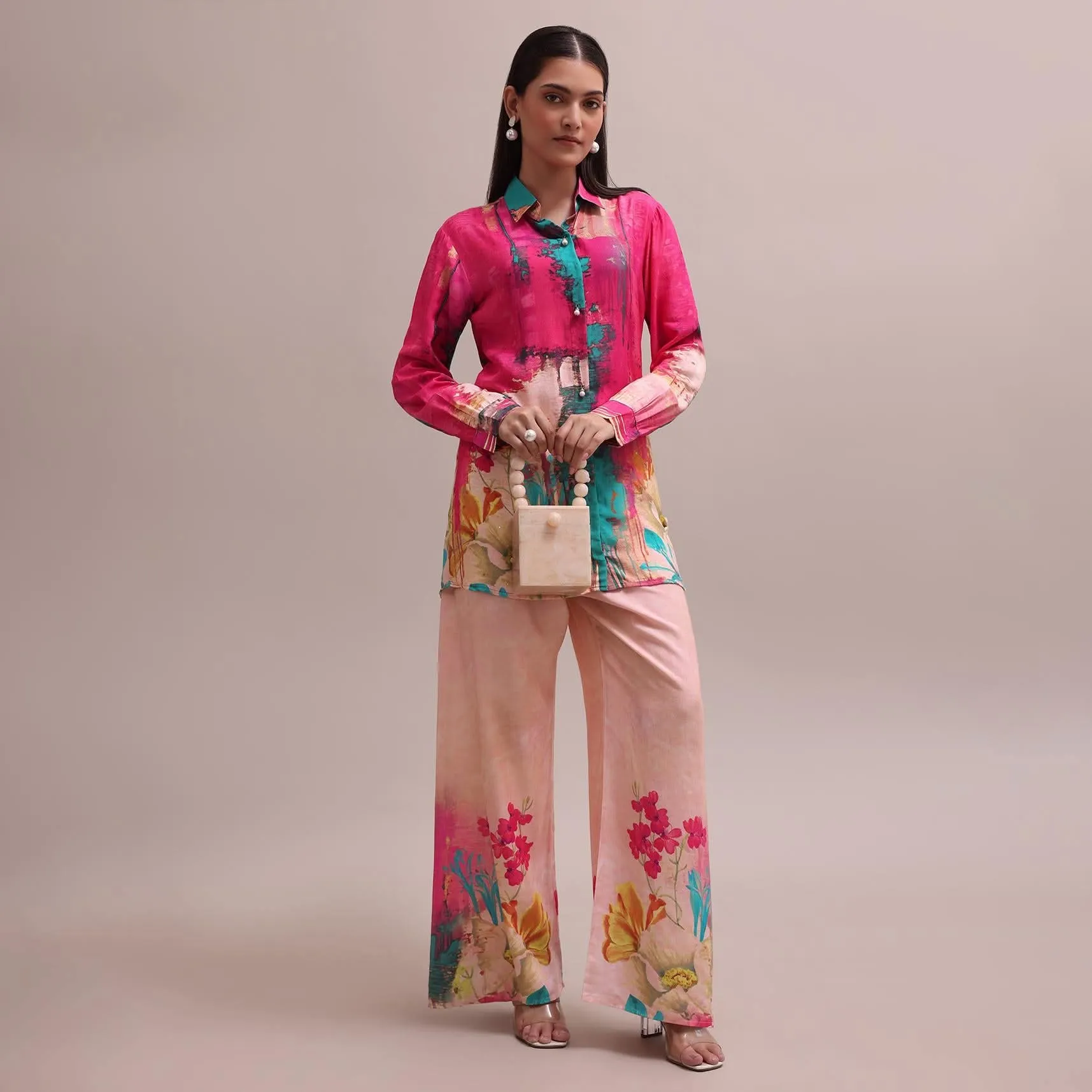 Pastel Pink Shell Worked Linen Summer Co-ord Set With Abstract Floral Prints