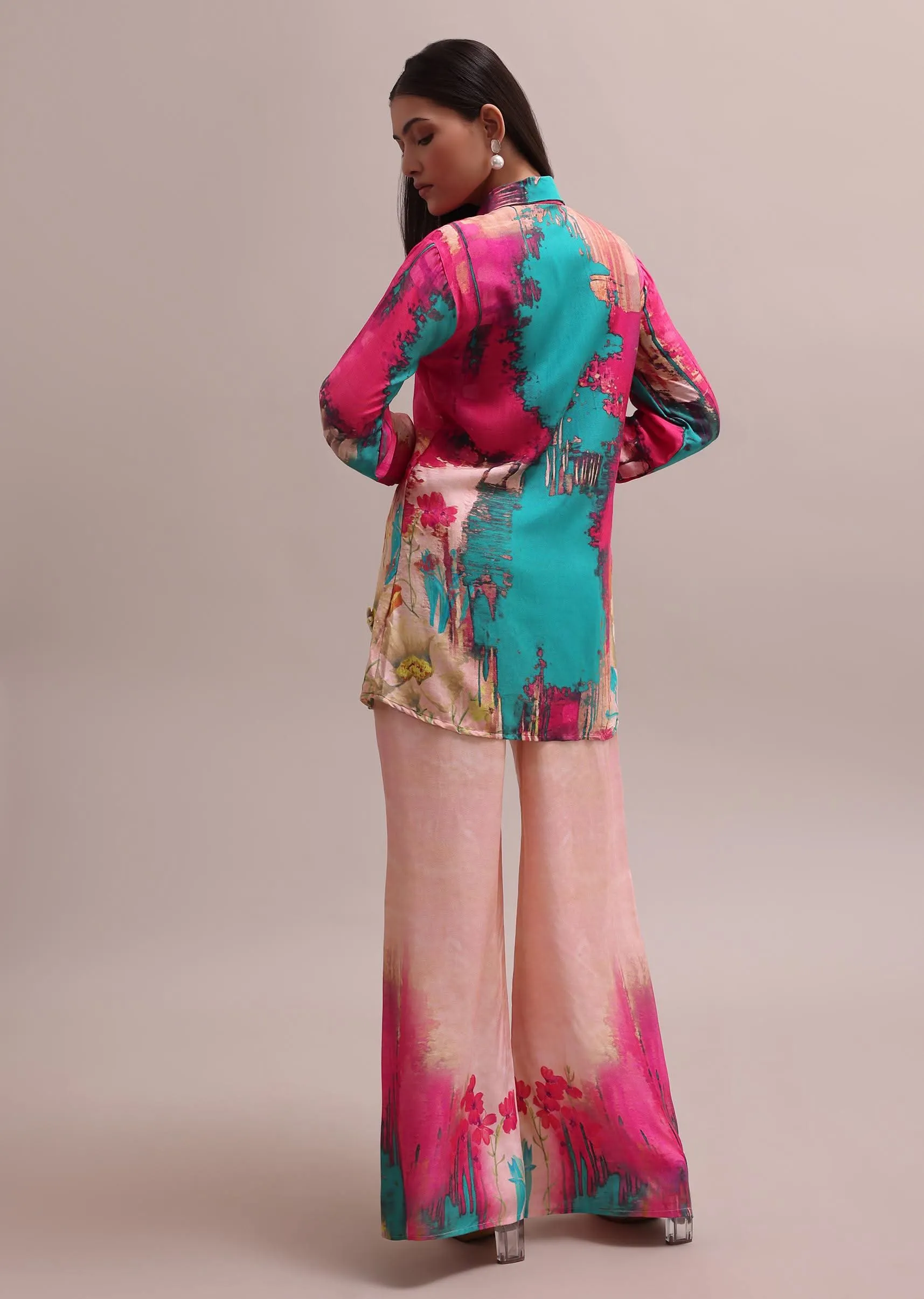 Pastel Pink Shell Worked Linen Summer Co-ord Set With Abstract Floral Prints