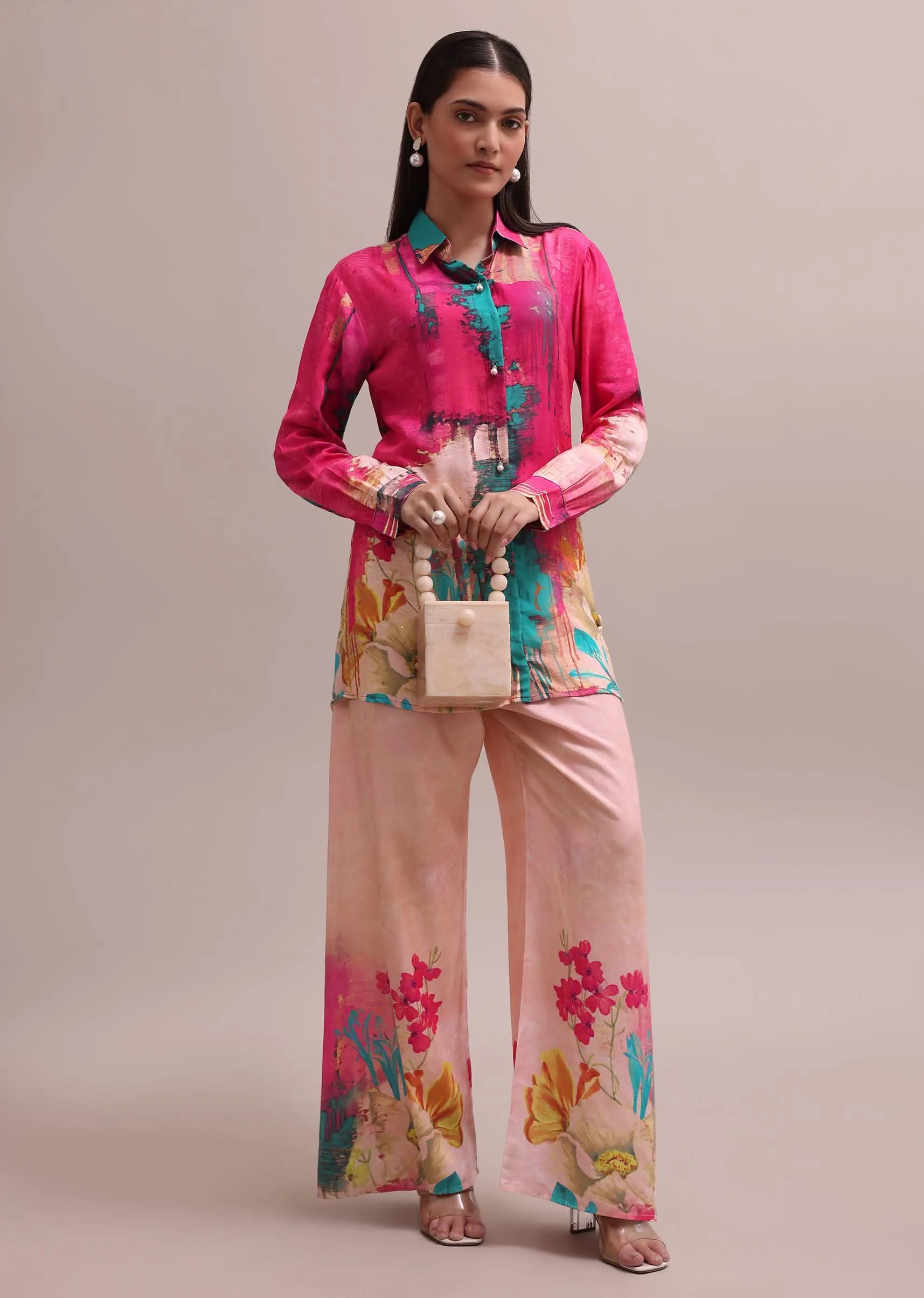 Pastel Pink Shell Worked Linen Summer Co-ord Set With Abstract Floral Prints