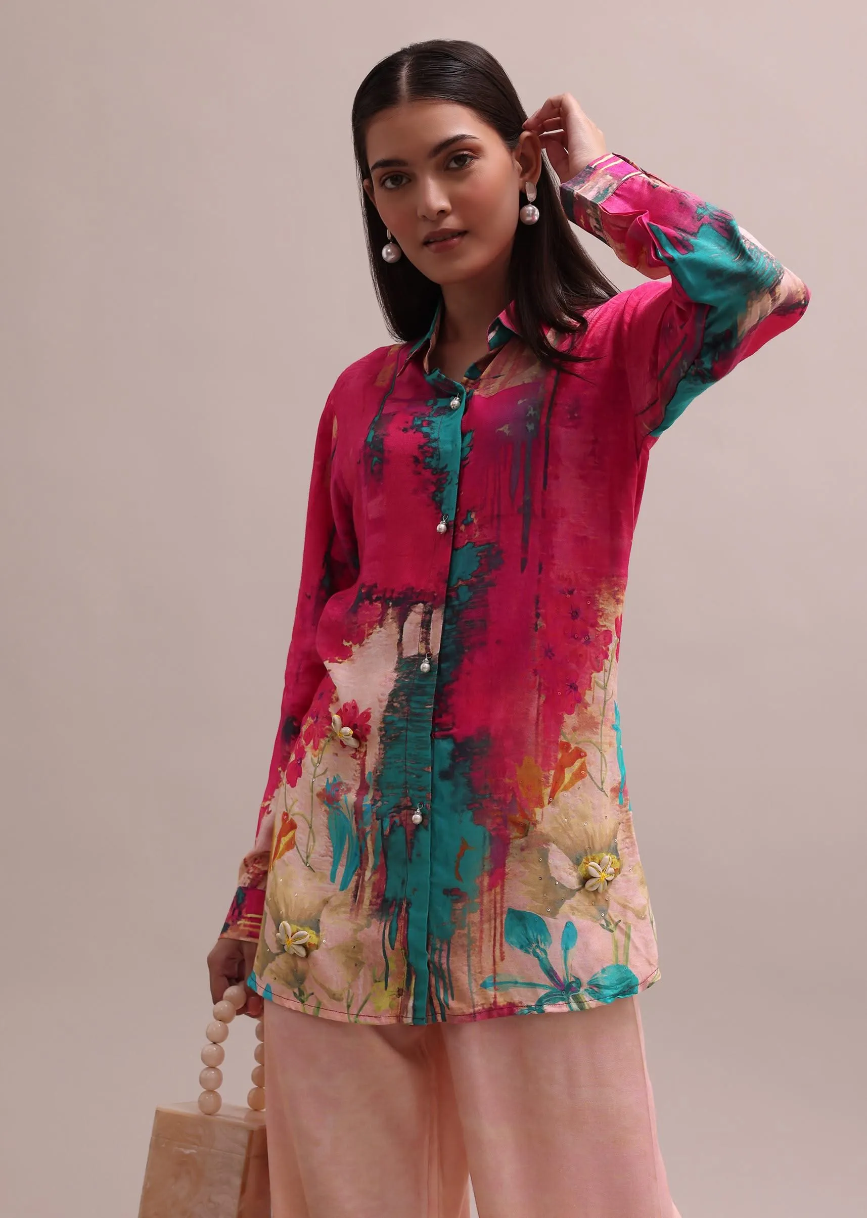 Pastel Pink Shell Worked Linen Summer Co-ord Set With Abstract Floral Prints