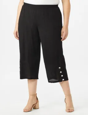 Pull on Wide Leg Crop Pants with Button Hem Detail