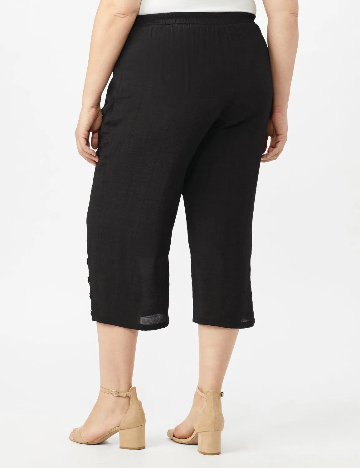 Pull on Wide Leg Crop Pants with Button Hem Detail