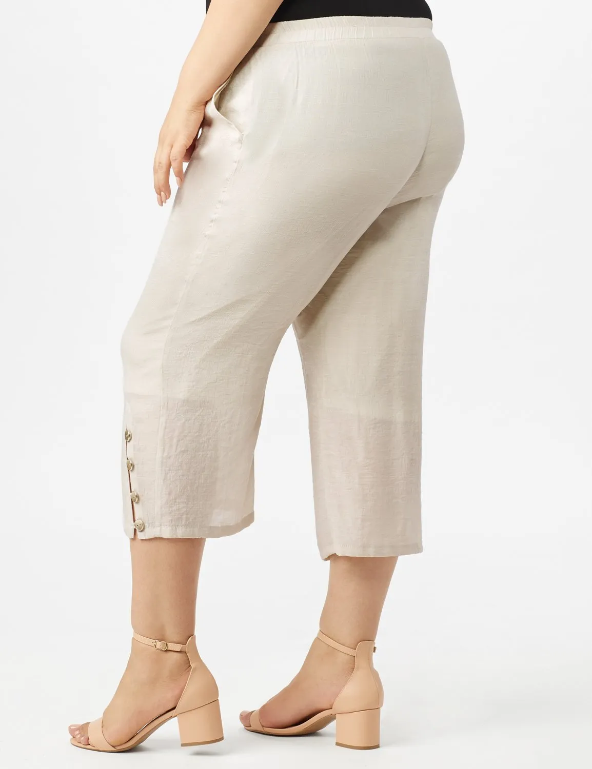 Pull on Wide Leg Crop Pants with Button Hem Detail