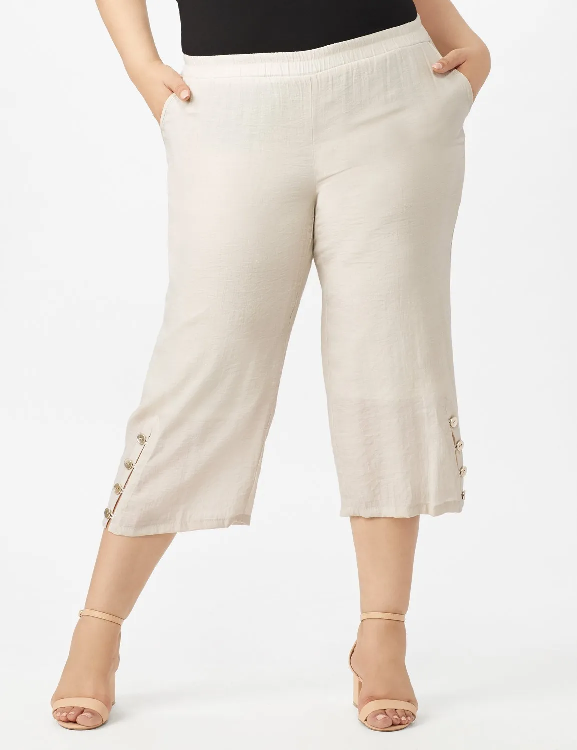 Pull on Wide Leg Crop Pants with Button Hem Detail