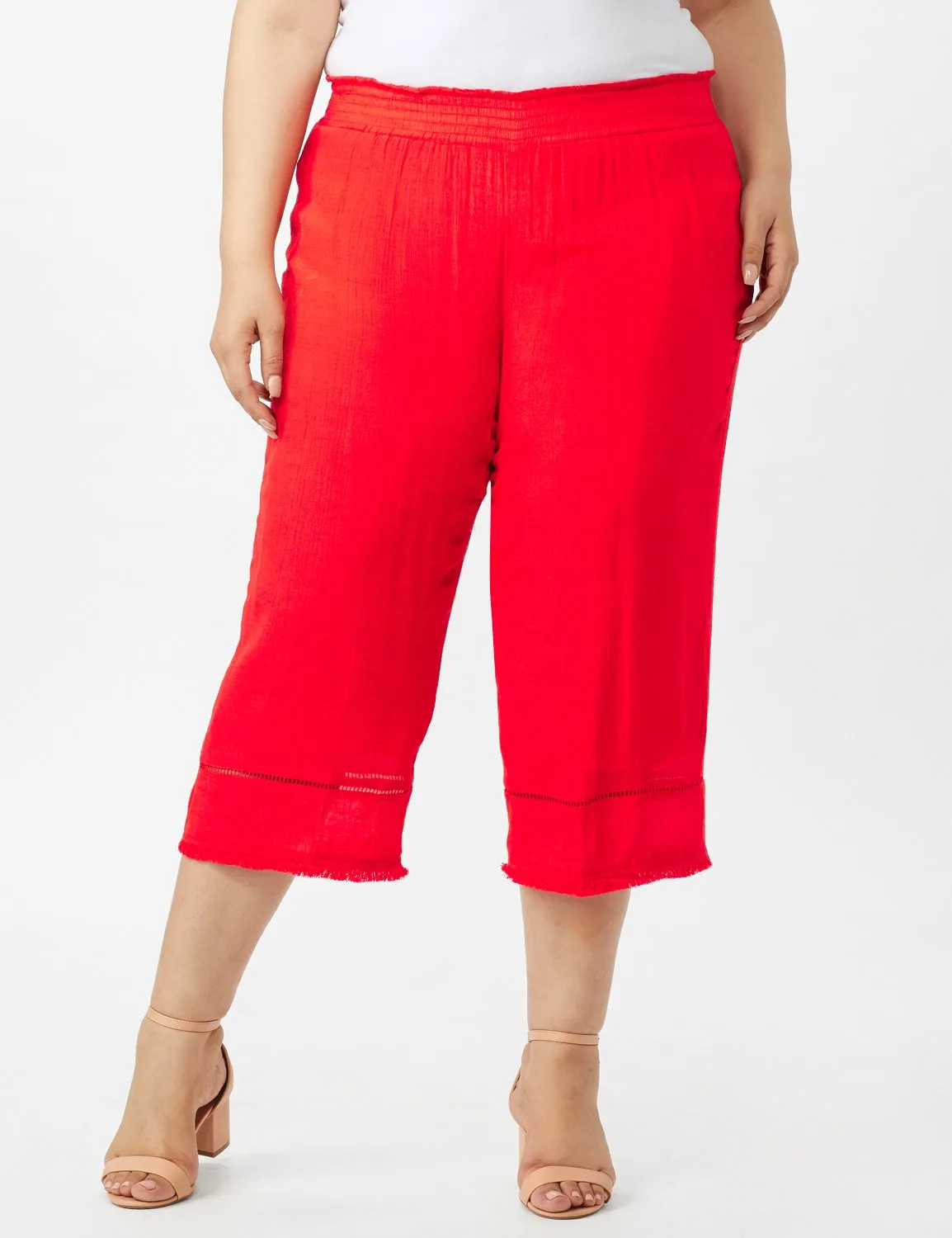 Pull on Wide Leg Crop Pants with Fringe Trim