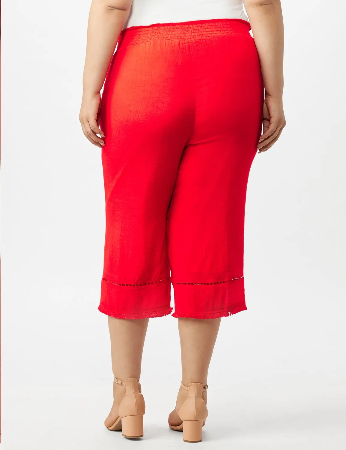 Pull on Wide Leg Crop Pants with Fringe Trim