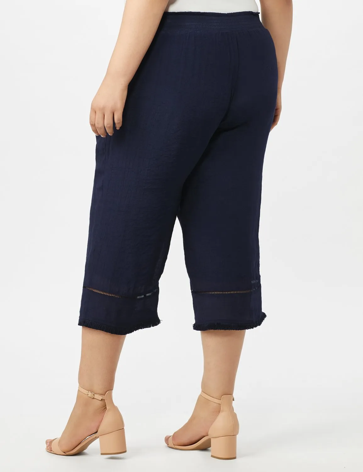Pull on Wide Leg Crop Pants with Fringe Trim