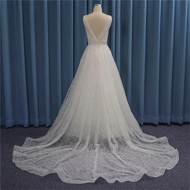 Shiny Simple Wedding Dress V-Neck A-Line Gown
