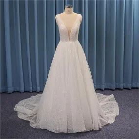 Shiny Simple Wedding Dress V-Neck A-Line Gown