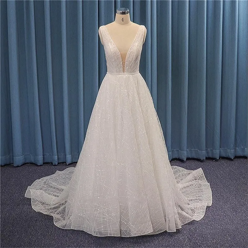 Shiny Simple Wedding Dress V-Neck A-Line Gown