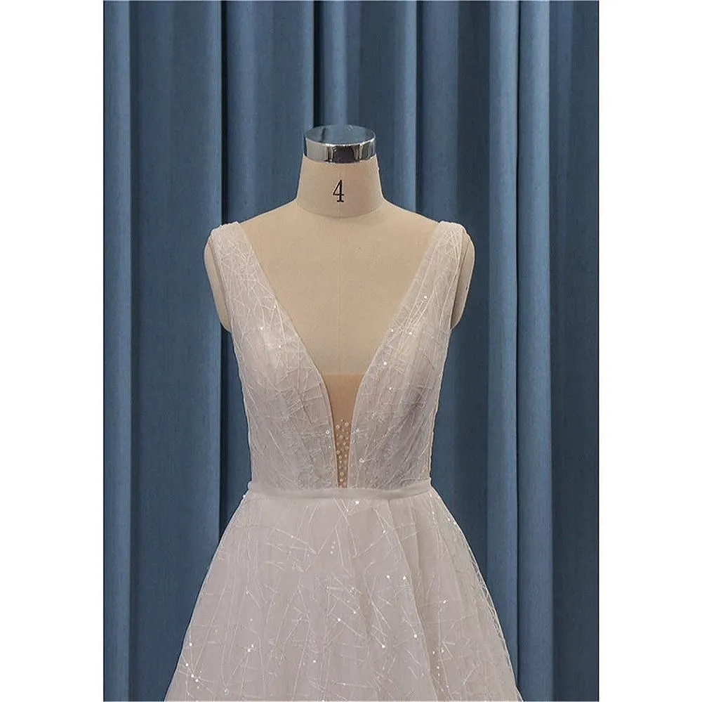 Shiny Simple Wedding Dress V-Neck A-Line Gown