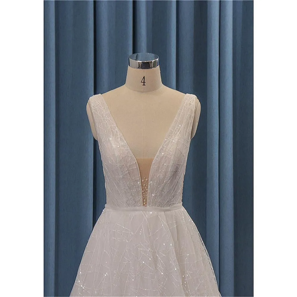 Shiny Simple Wedding Dress V-Neck A-Line Gown