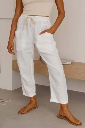 Solid Color Linen Casual Fit Ladies Pants White (S-2X)